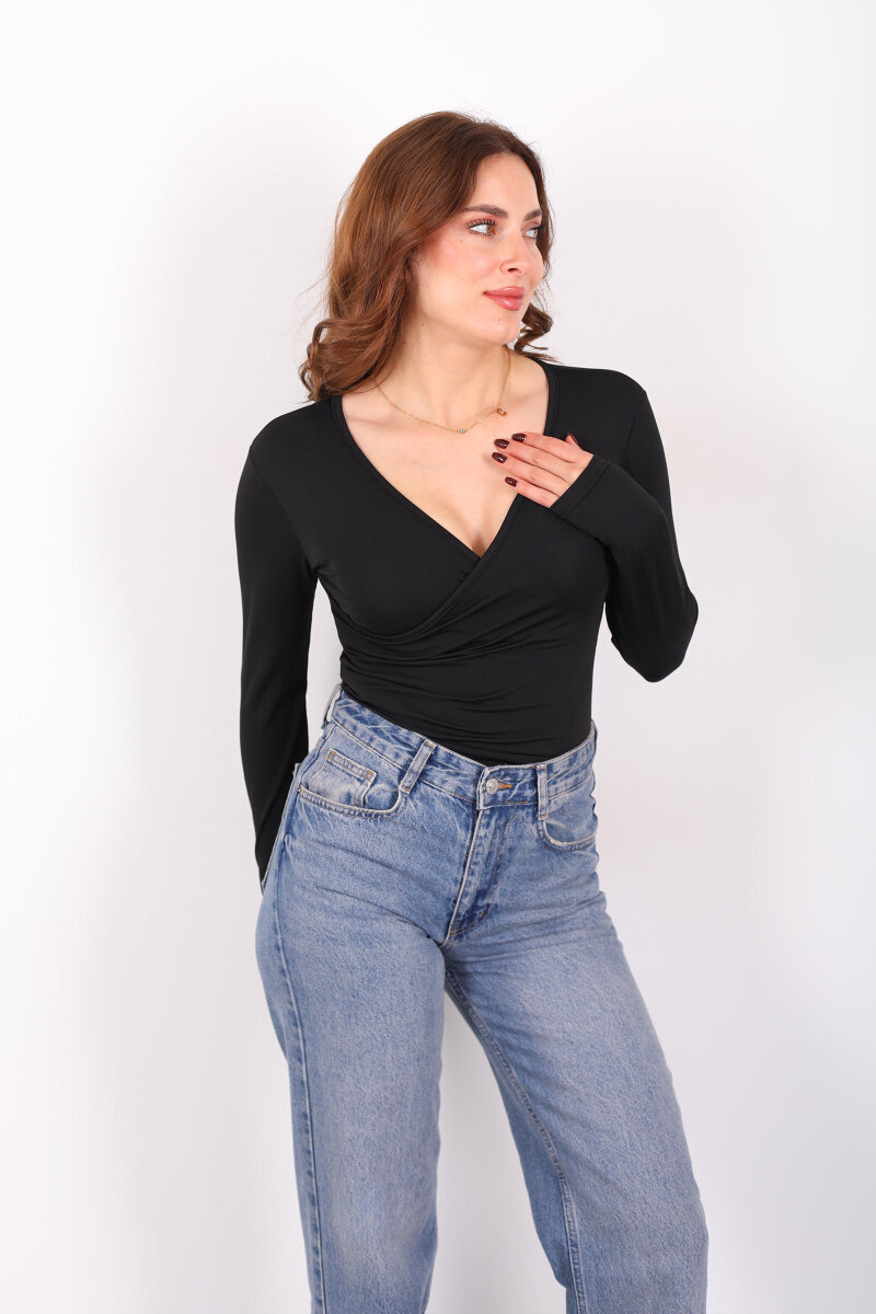 Kruvaze Yaka Uzun Kol Siyah Kadın Çıtçıtlı Body - 3