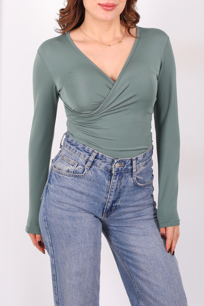 Kruvaze Yaka Uzun Kol Yeşil Kadın Çıtçıtlı Body - 2