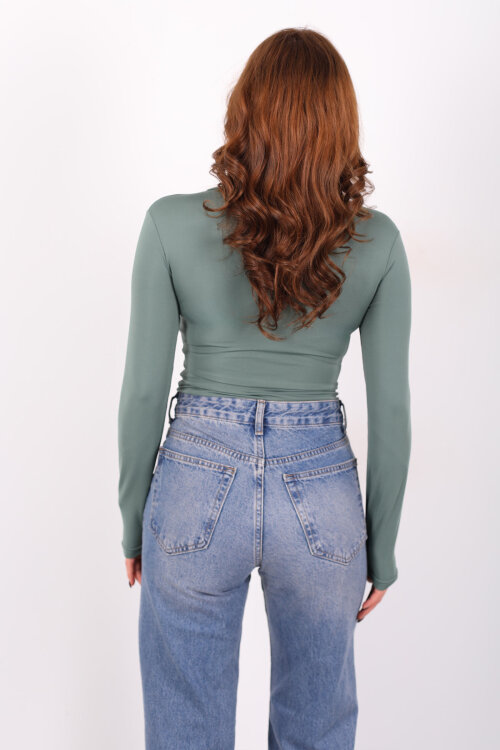 Kruvaze Yaka Uzun Kol Yeşil Kadın Çıtçıtlı Body - 4