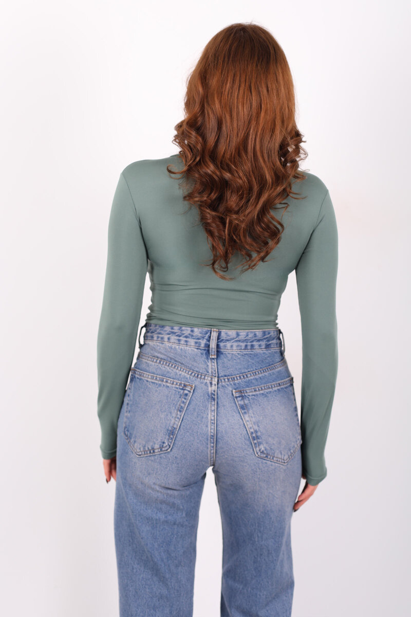 Kruvaze Yaka Uzun Kol Yeşil Kadın Çıtçıtlı Body - 4