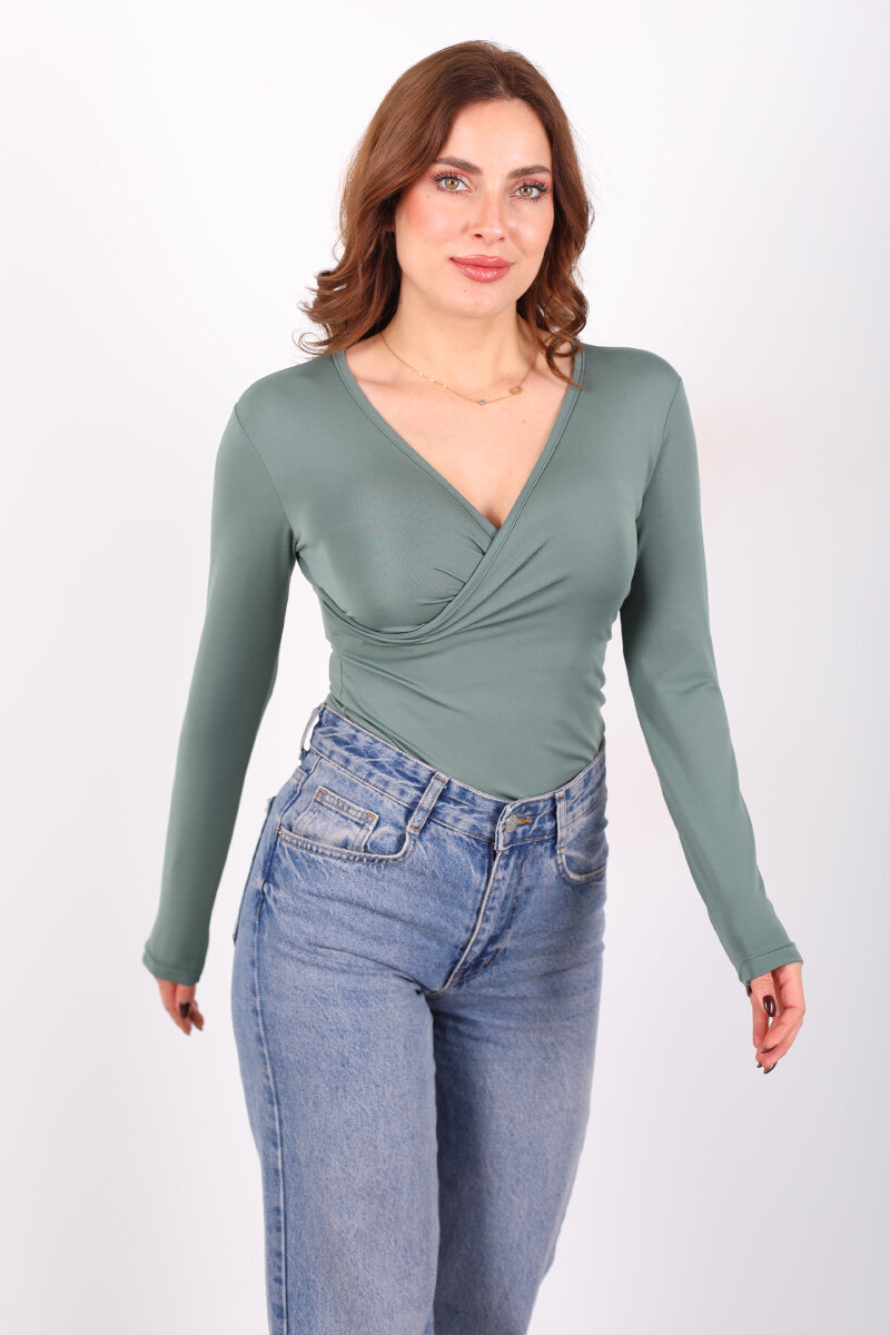 Kruvaze Yaka Uzun Kol Yeşil Kadın Çıtçıtlı Body - 5
