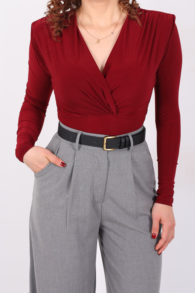 Kruvaze Yaka Vatkalı Sandy Bordo Kadın Çıtçıtlı Body - 2