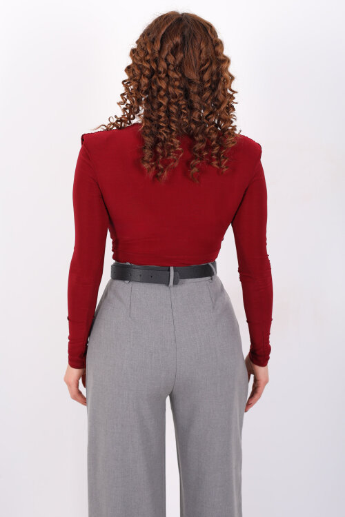 Kruvaze Yaka Vatkalı Sandy Bordo Kadın Çıtçıtlı Body - 5