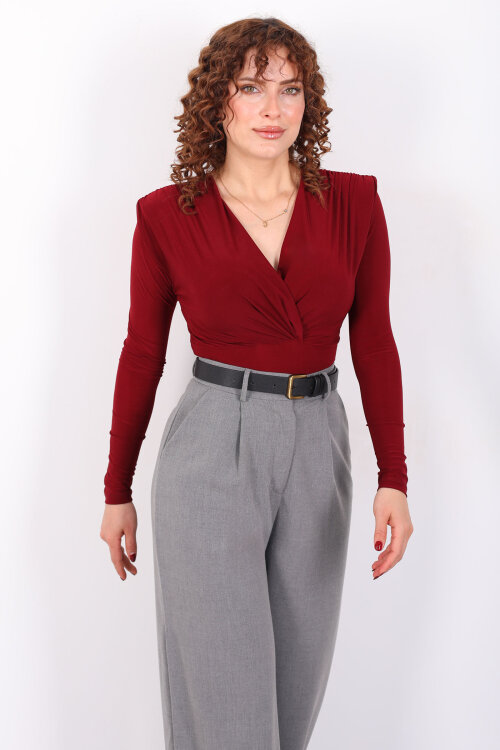 Kruvaze Yaka Vatkalı Sandy Bordo Kadın Çıtçıtlı Body - 3