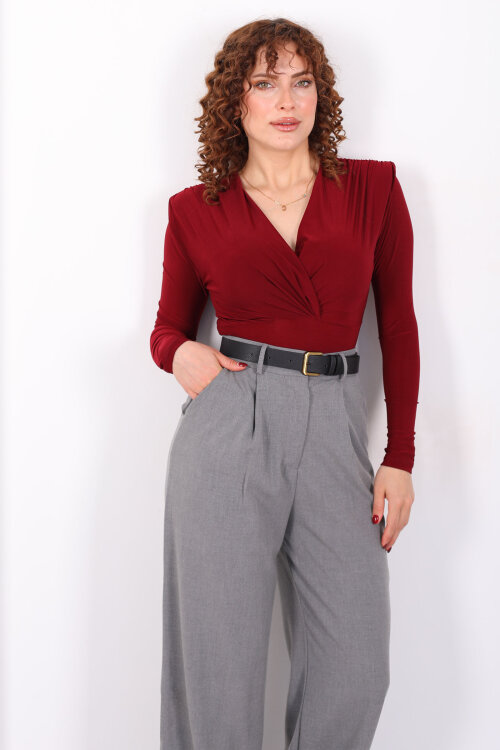 Kruvaze Yaka Vatkalı Sandy Bordo Kadın Çıtçıtlı Body - 6