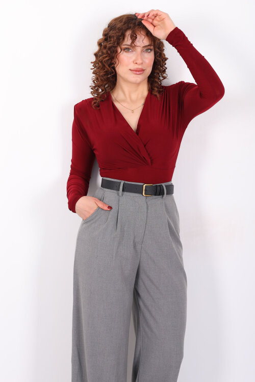 Kruvaze Yaka Vatkalı Sandy Bordo Kadın Çıtçıtlı Body - Berox