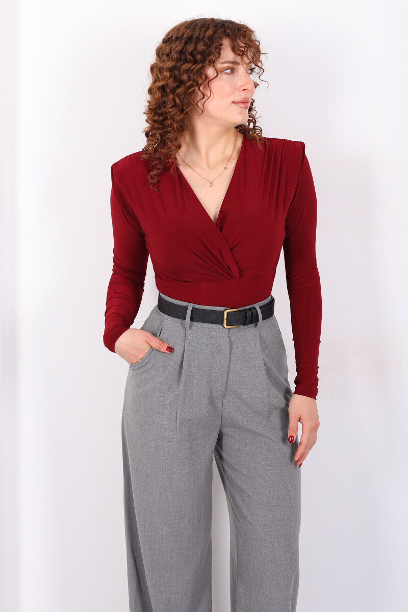 Kruvaze Yaka Vatkalı Sandy Bordo Kadın Çıtçıtlı Body - 4