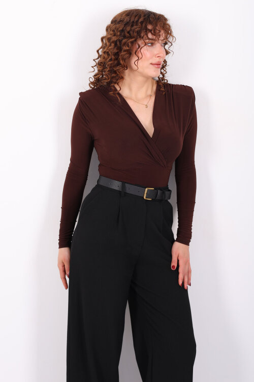 Kruvaze Yaka Vatkalı Sandy Kahverengi Kadın Çıtçıtlı Body - 6