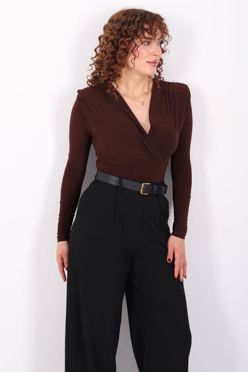 Kruvaze Yaka Vatkalı Sandy Kahverengi Kadın Çıtçıtlı Body - 6