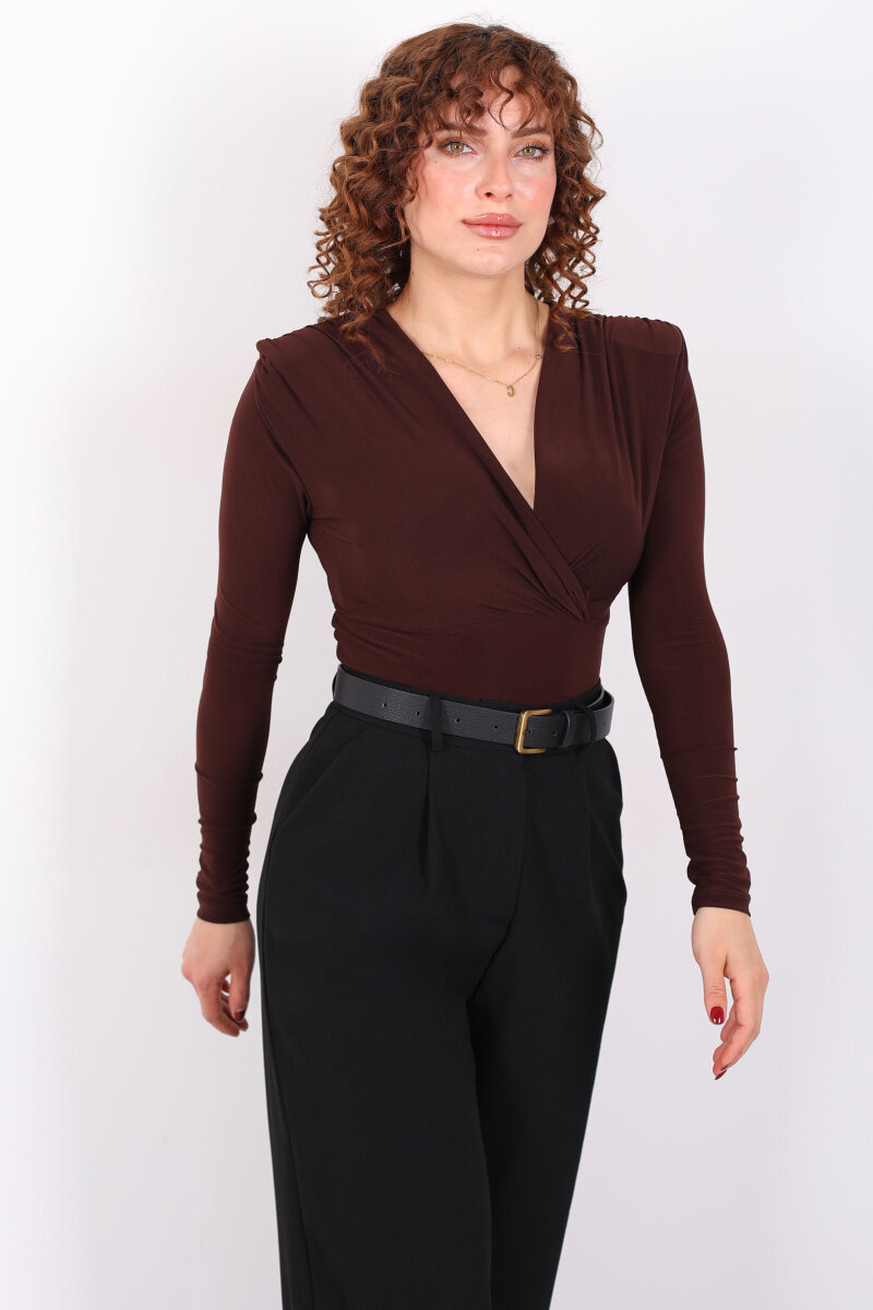 Kruvaze Yaka Vatkalı Sandy Kahverengi Kadın Çıtçıtlı Body - 3
