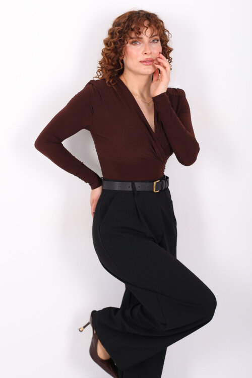 Kruvaze Yaka Vatkalı Sandy Kahverengi Kadın Çıtçıtlı Body - 4