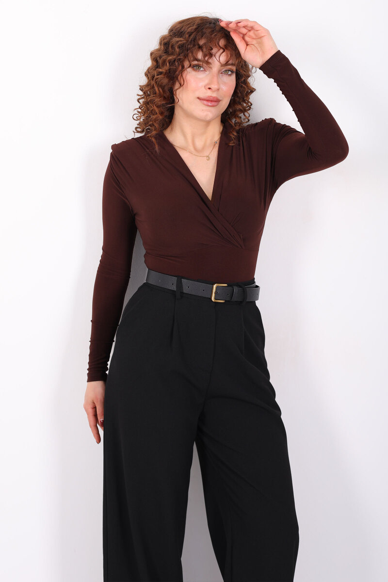 Kruvaze Yaka Vatkalı Sandy Kahverengi Kadın Çıtçıtlı Body - 1