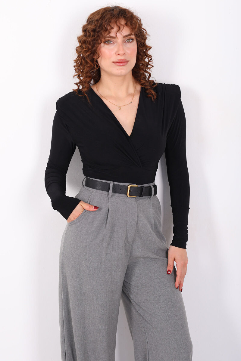 Kruvaze Yaka Vatkalı Sandy Siyah Kadın Çıtçıtlı Body - 1