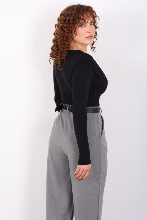 Kruvaze Yaka Vatkalı Sandy Siyah Kadın Çıtçıtlı Body - 5