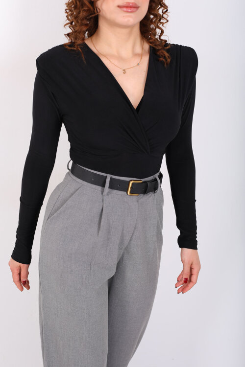 Kruvaze Yaka Vatkalı Sandy Siyah Kadın Çıtçıtlı Body - Berox (1)