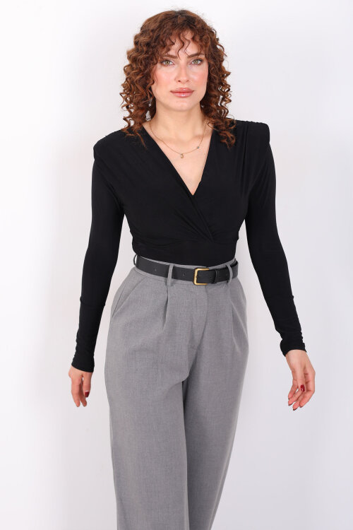 Kruvaze Yaka Vatkalı Sandy Siyah Kadın Çıtçıtlı Body - 4