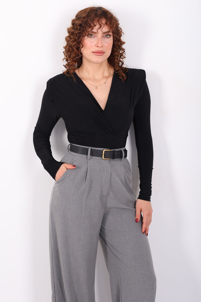 Kruvaze Yaka Vatkalı Sandy Siyah Kadın Çıtçıtlı Body - 6