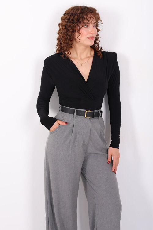 Kruvaze Yaka Vatkalı Sandy Siyah Kadın Çıtçıtlı Body - 3