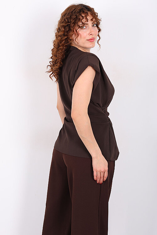 Kruvaze Yaka Yandan Bağlamalı Kadın Acı Kahve Vatkalı Bluz - 4