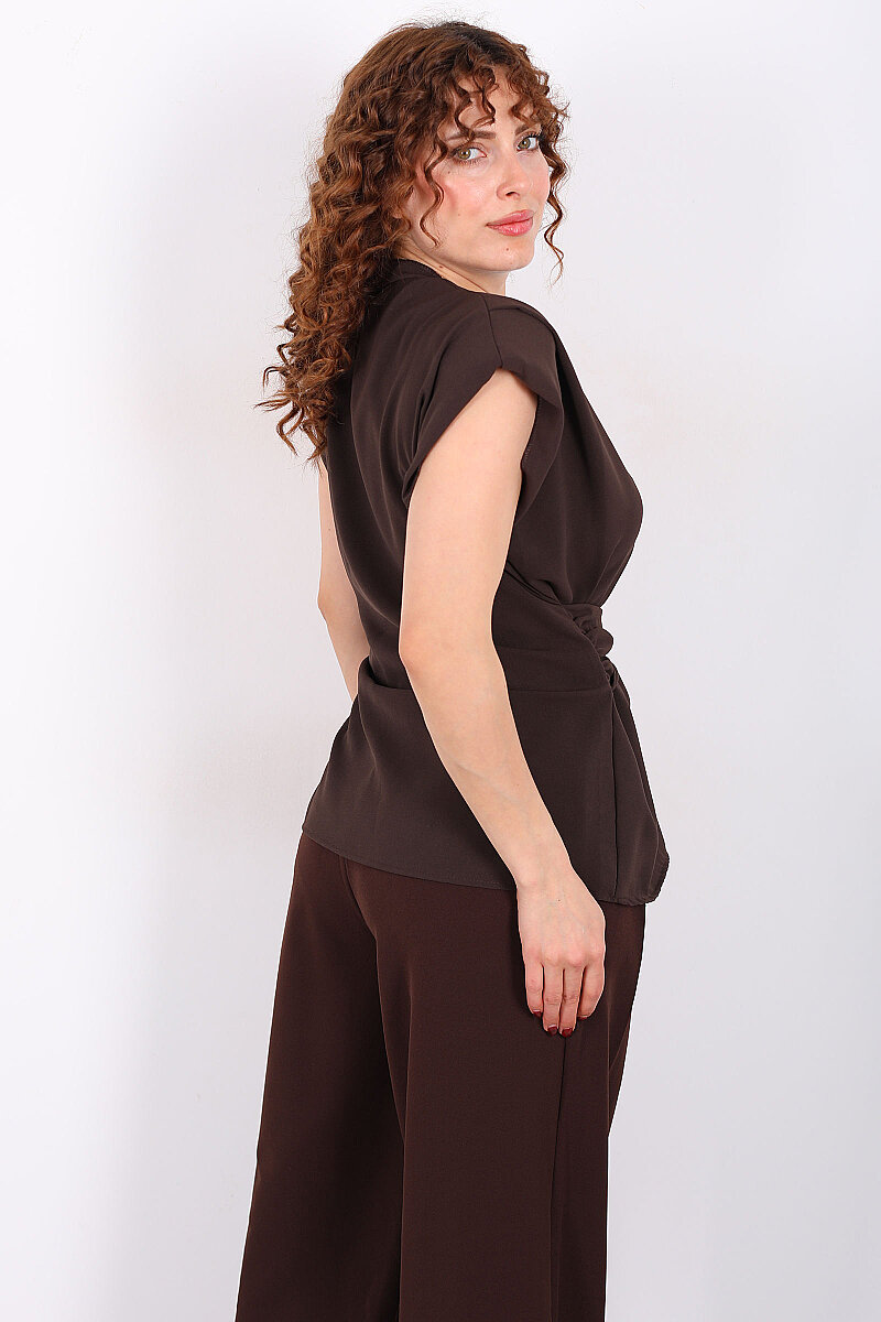 Kruvaze Yaka Yandan Bağlamalı Kadın Acı Kahve Vatkalı Bluz - 4