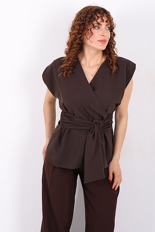 Kruvaze Yaka Yandan Bağlamalı Kadın Acı Kahve Vatkalı Bluz - 5