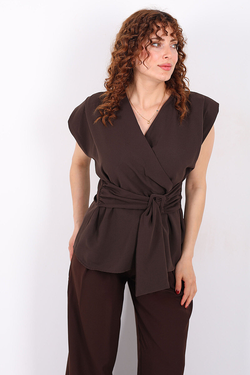 Kruvaze Yaka Yandan Bağlamalı Kadın Acı Kahve Vatkalı Bluz - 5