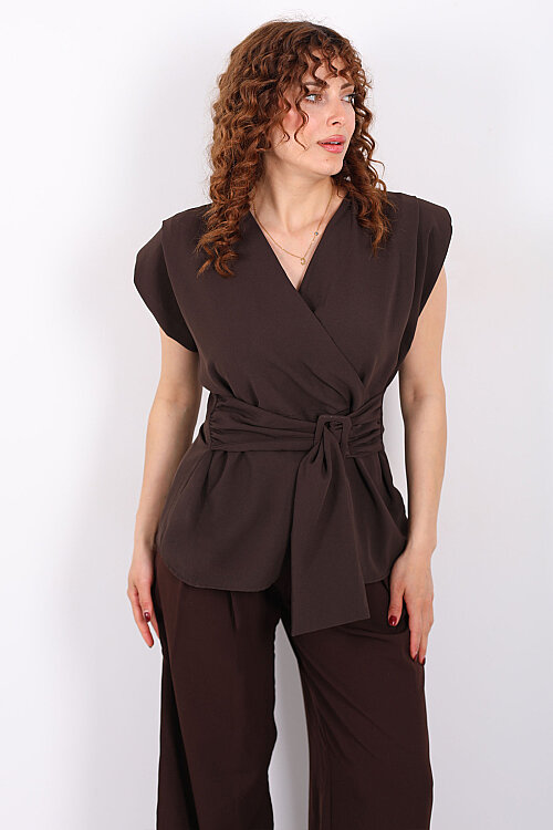 Kruvaze Yaka Yandan Bağlamalı Kadın Acı Kahve Vatkalı Bluz - Berox