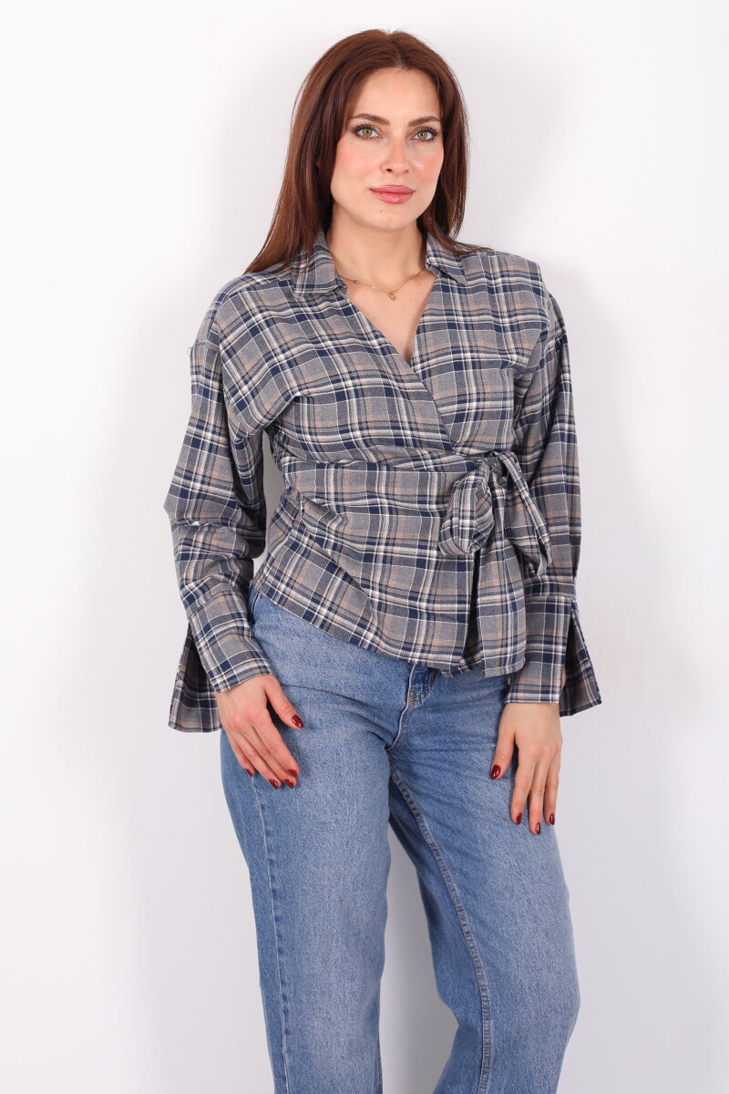 Kruvaze Yaka Yandan Bağlamalı Kadın Gri Ekose Gömlek - 6