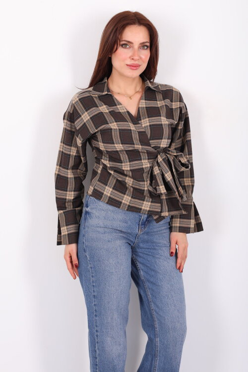Kruvaze Yaka Yandan Bağlamalı Kadın Kahverengi Ekose Gömlek - 6