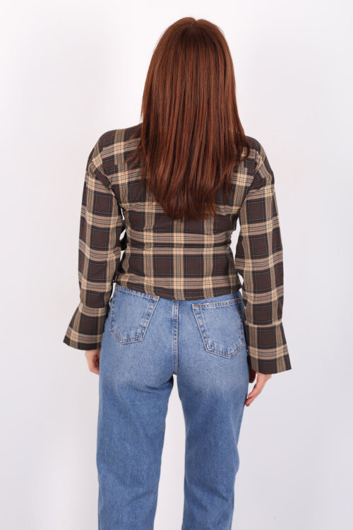 Kruvaze Yaka Yandan Bağlamalı Kadın Kahverengi Ekose Gömlek - 5