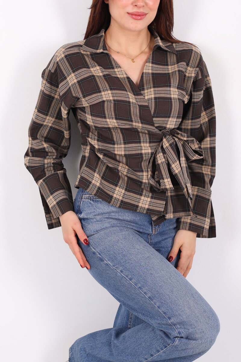 Kruvaze Yaka Yandan Bağlamalı Kadın Kahverengi Ekose Gömlek - 2