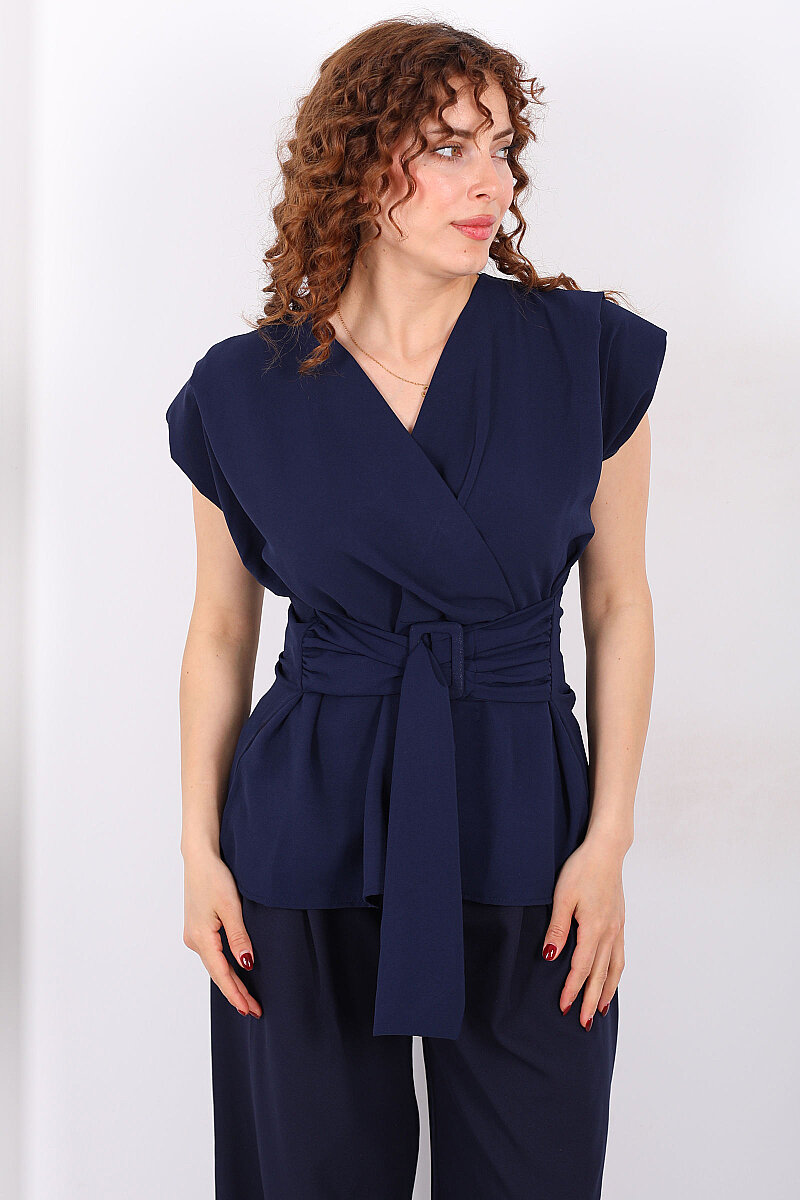 Kruvaze Yaka Yandan Bağlamalı Kadın Lacivert Vatkalı Bluz - 6