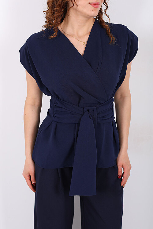 Kruvaze Yaka Yandan Bağlamalı Kadın Lacivert Vatkalı Bluz - Berox (1)