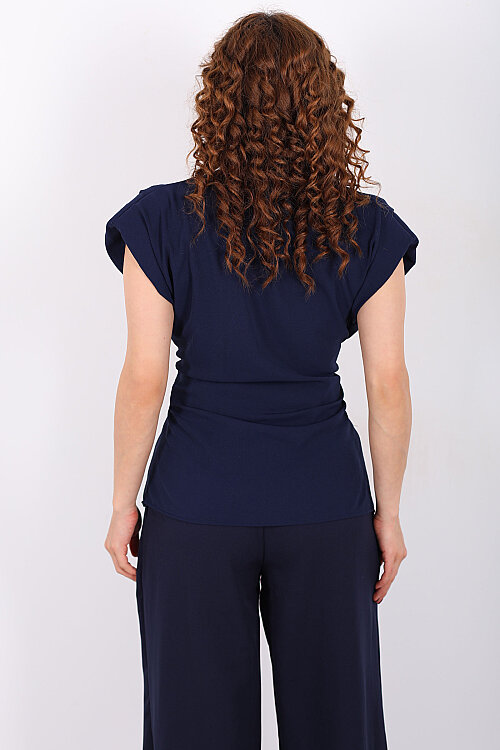 Kruvaze Yaka Yandan Bağlamalı Kadın Lacivert Vatkalı Bluz - 5