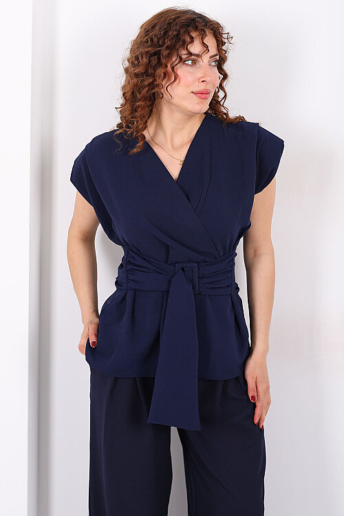 Kruvaze Yaka Yandan Bağlamalı Kadın Lacivert Vatkalı Bluz - 3