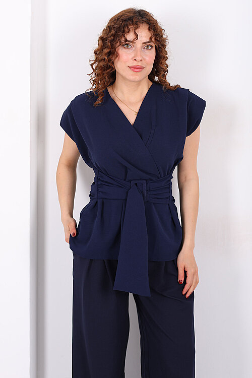 Kruvaze Yaka Yandan Bağlamalı Kadın Lacivert Vatkalı Bluz - Berox