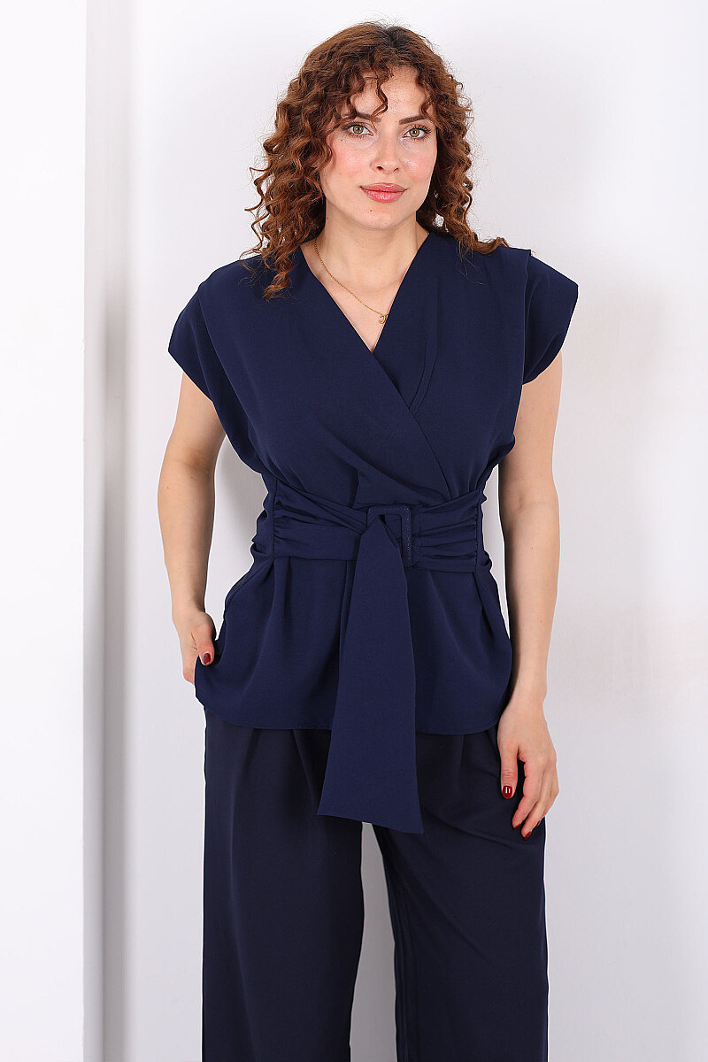 Kruvaze Yaka Yandan Bağlamalı Kadın Lacivert Vatkalı Bluz - 1