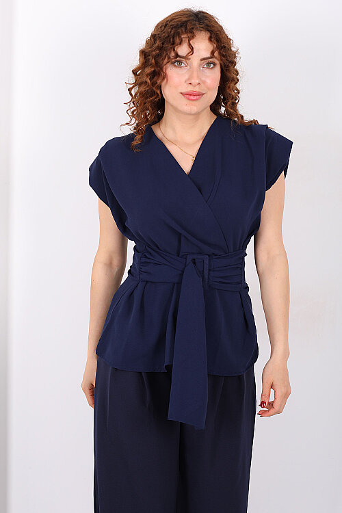 Kruvaze Yaka Yandan Bağlamalı Kadın Lacivert Vatkalı Bluz - 4