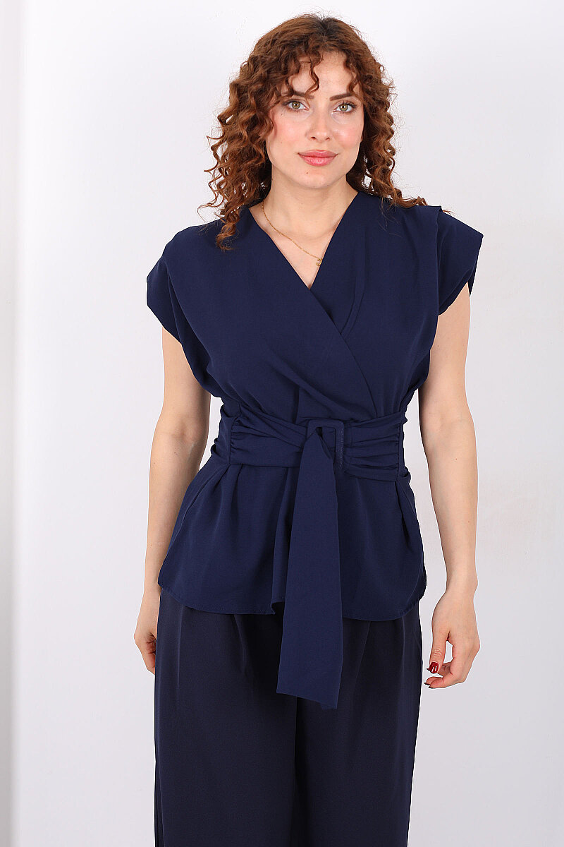 Kruvaze Yaka Yandan Bağlamalı Kadın Lacivert Vatkalı Bluz - 4