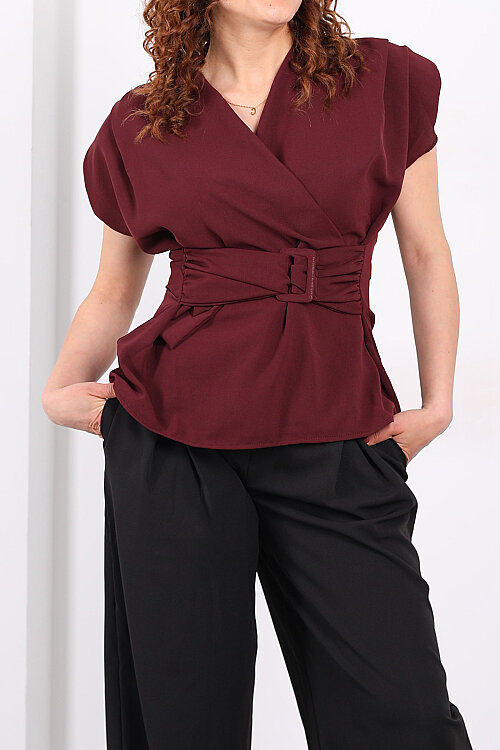 Kruvaze Yaka Yandan Bağlamalı Kadın Mürdüm Vatkalı Bluz - Berox (1)