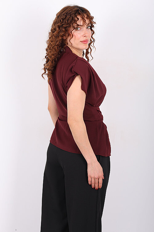 Kruvaze Yaka Yandan Bağlamalı Kadın Mürdüm Vatkalı Bluz - 5