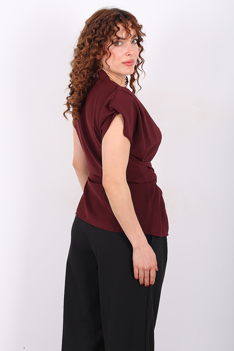 Kruvaze Yaka Yandan Bağlamalı Kadın Mürdüm Vatkalı Bluz - 5