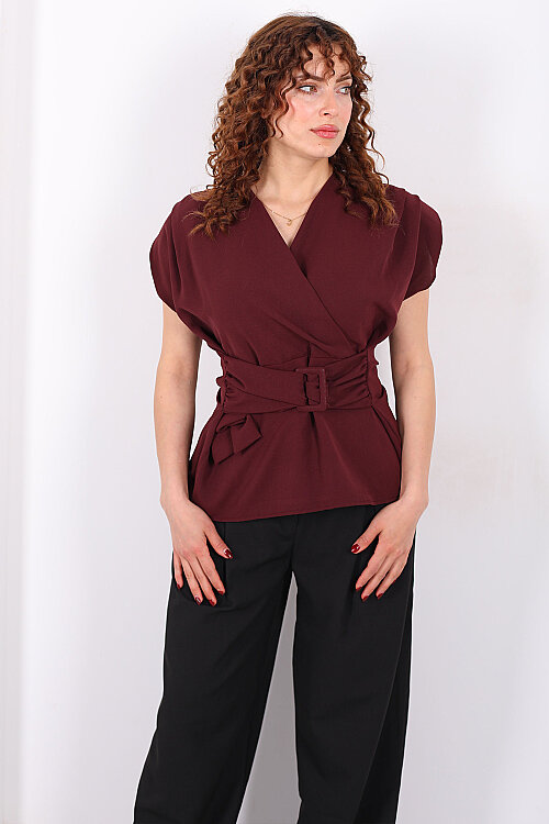 Kruvaze Yaka Yandan Bağlamalı Kadın Mürdüm Vatkalı Bluz - Berox