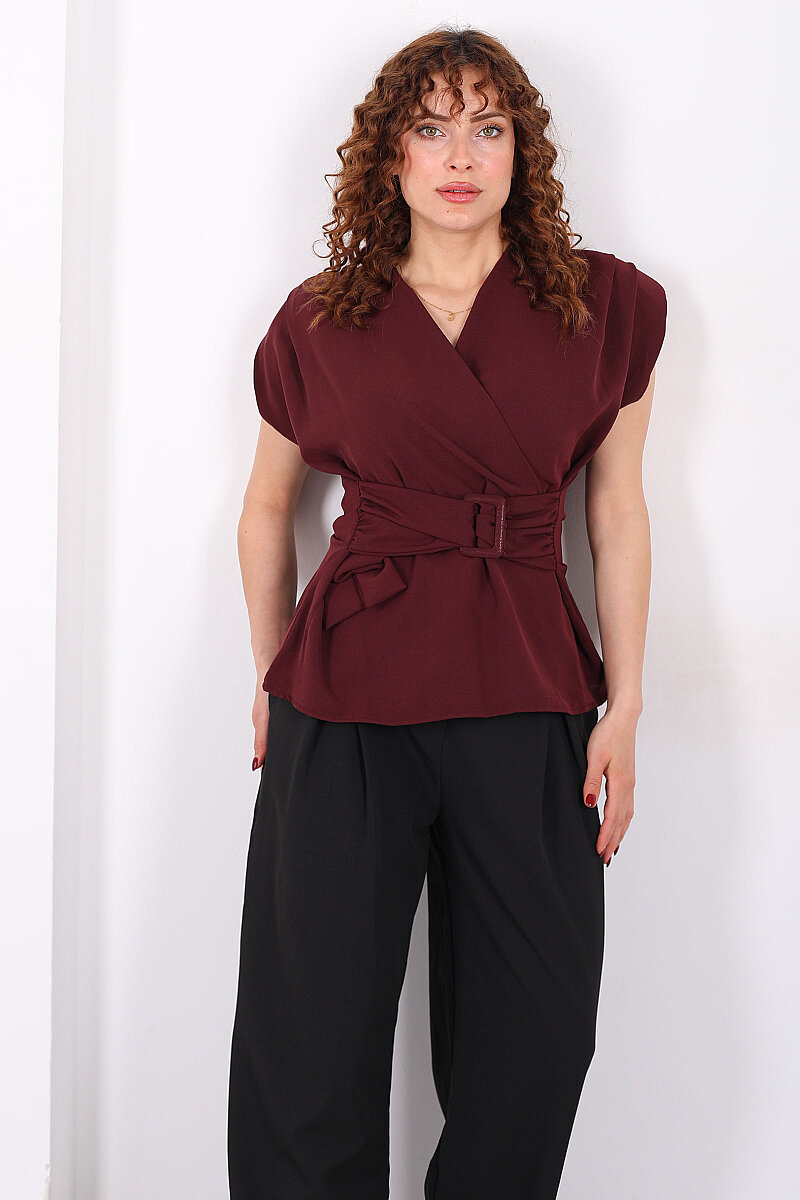 Kruvaze Yaka Yandan Bağlamalı Kadın Mürdüm Vatkalı Bluz - 4