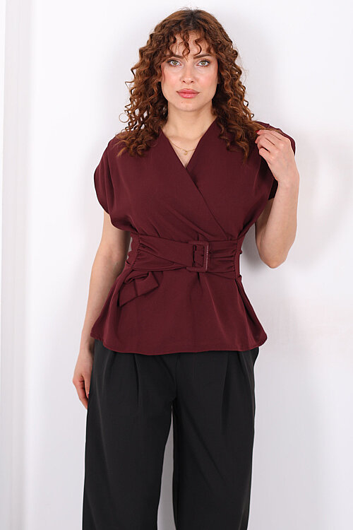 Kruvaze Yaka Yandan Bağlamalı Kadın Mürdüm Vatkalı Bluz - 3