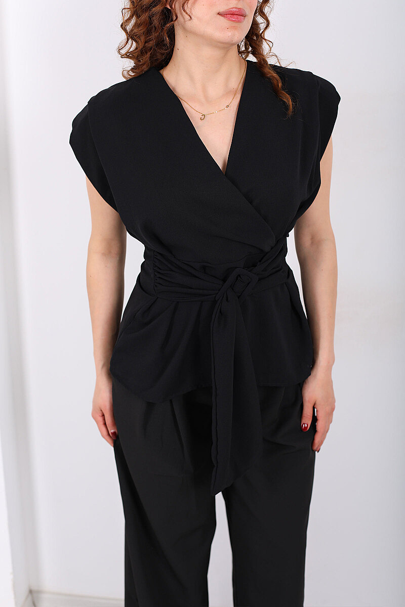 Kruvaze Yaka Yandan Bağlamalı Kadın Siyah Vatkalı Bluz - 2