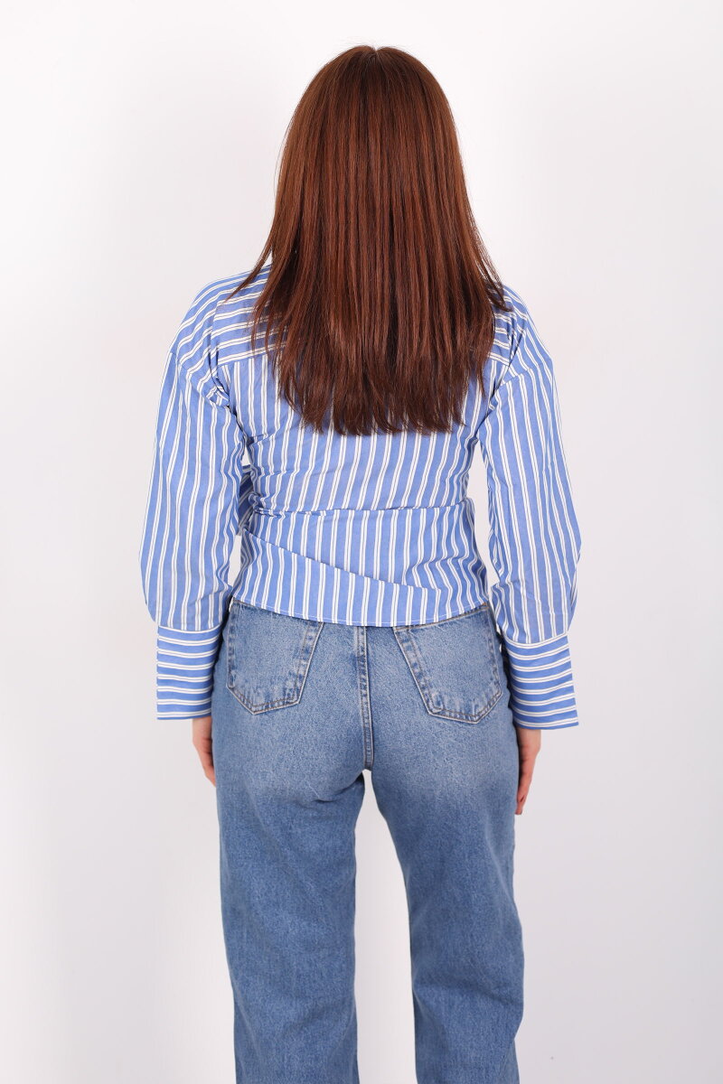 Kruvaze Yandan Bağlamalı Mavi Kadın Çizgili Gömlek - 5