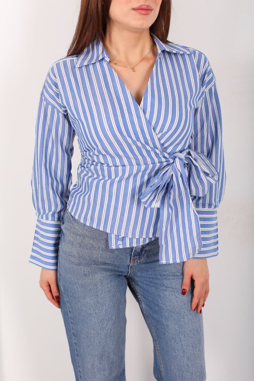 Kruvaze Yandan Bağlamalı Mavi Kadın Çizgili Gömlek - Berox (1)