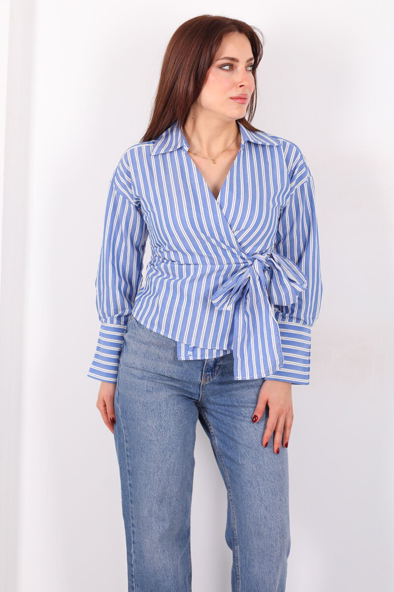Kruvaze Yandan Bağlamalı Mavi Kadın Çizgili Gömlek - 6