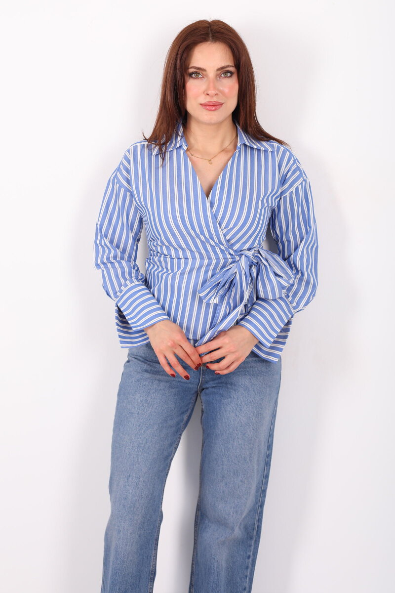 Kruvaze Yandan Bağlamalı Mavi Kadın Çizgili Gömlek - 4